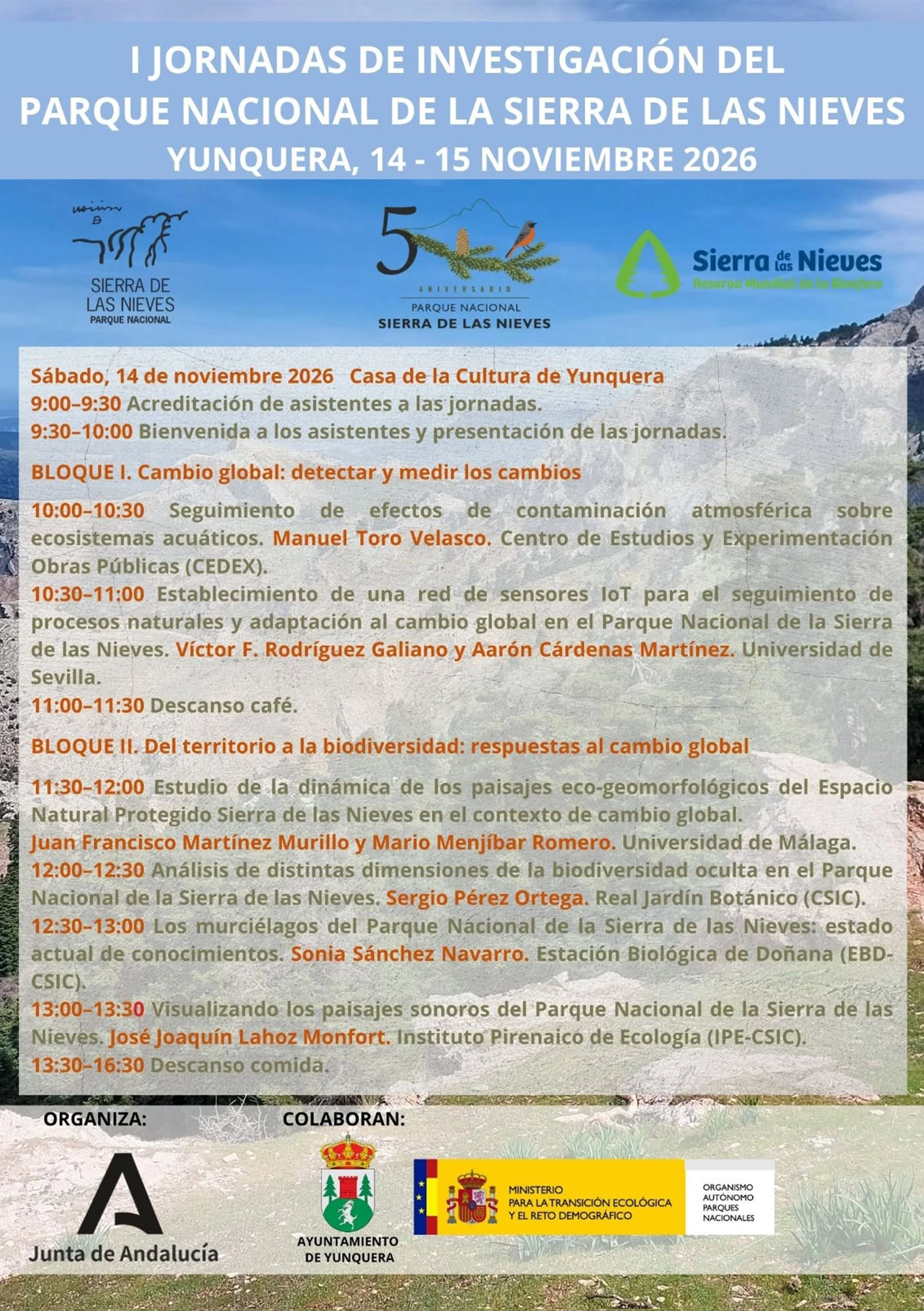 Programa Oficial Sábado 14 Noviembre 2026 - I Jornadas de Investigación del Parque Nacional de la Sierra de las Nieves