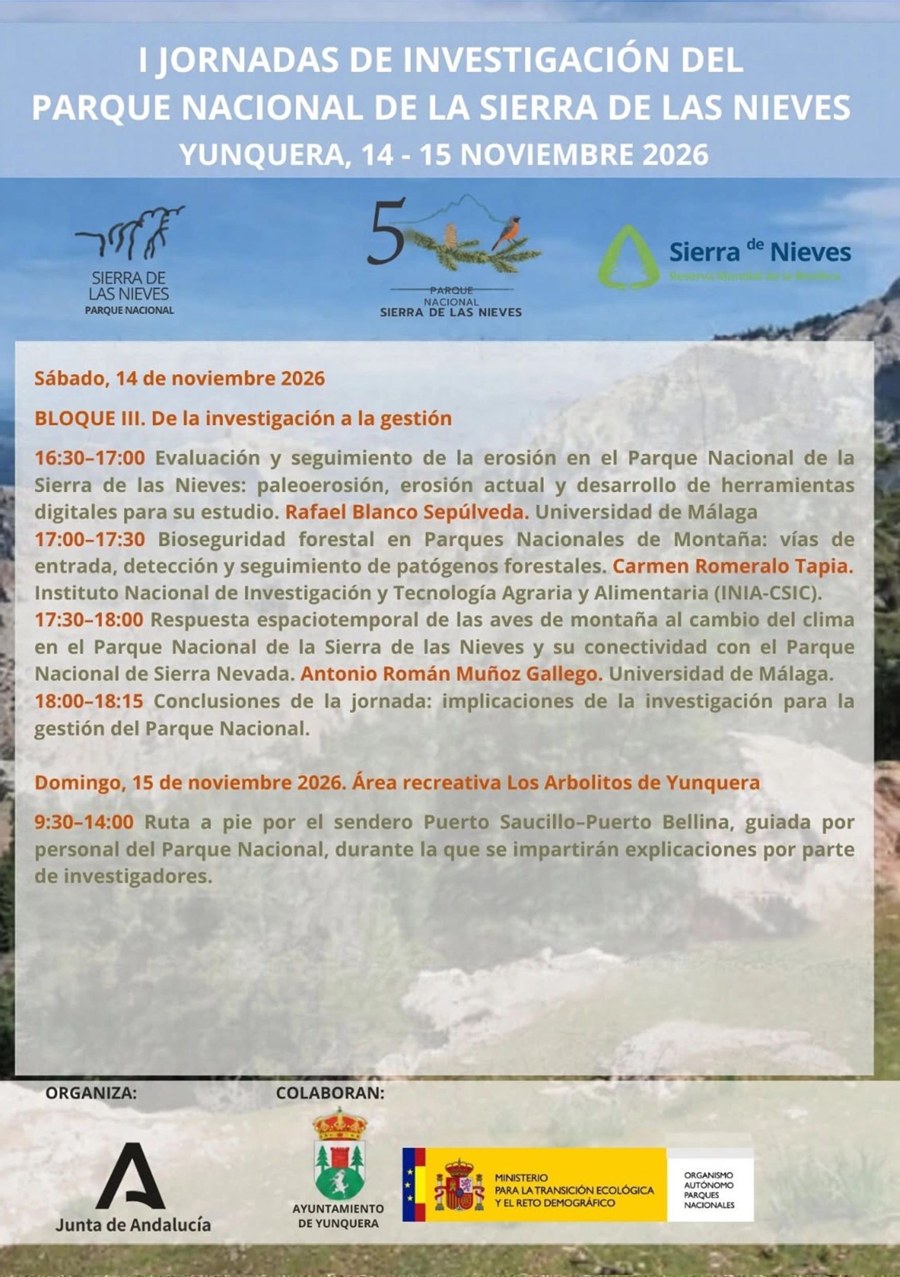 Programa Oficial Sábado - Domingo 14 y 15 Noviembre 2026 - I Jornadas de Investigación del Parque Nacional de la Sierra de las Nieves