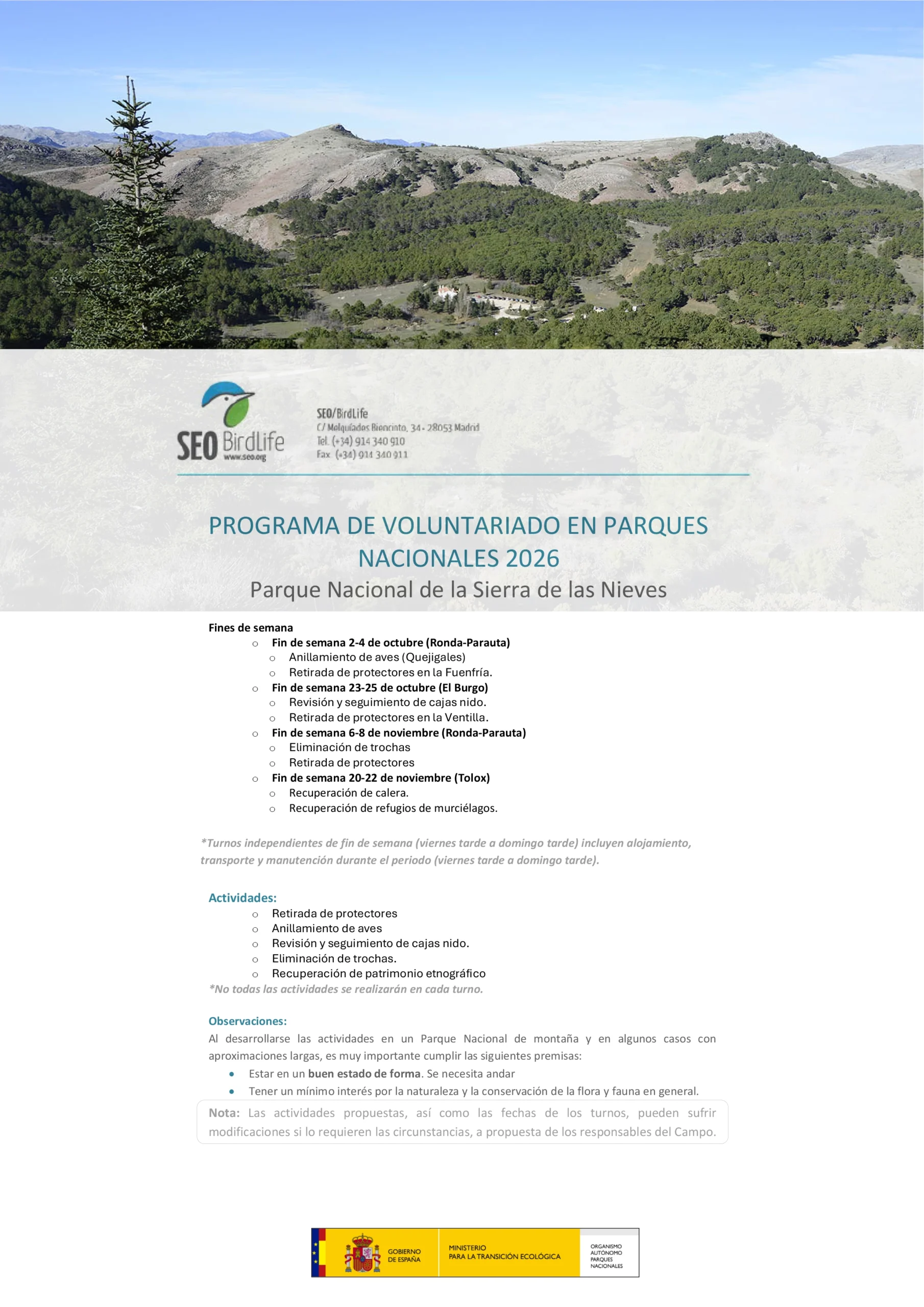 Programa Oficial de Voluntario en Parques Nacionales